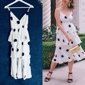O.P.T. White and‎ Black Polka Dot Tiered Midi Dress